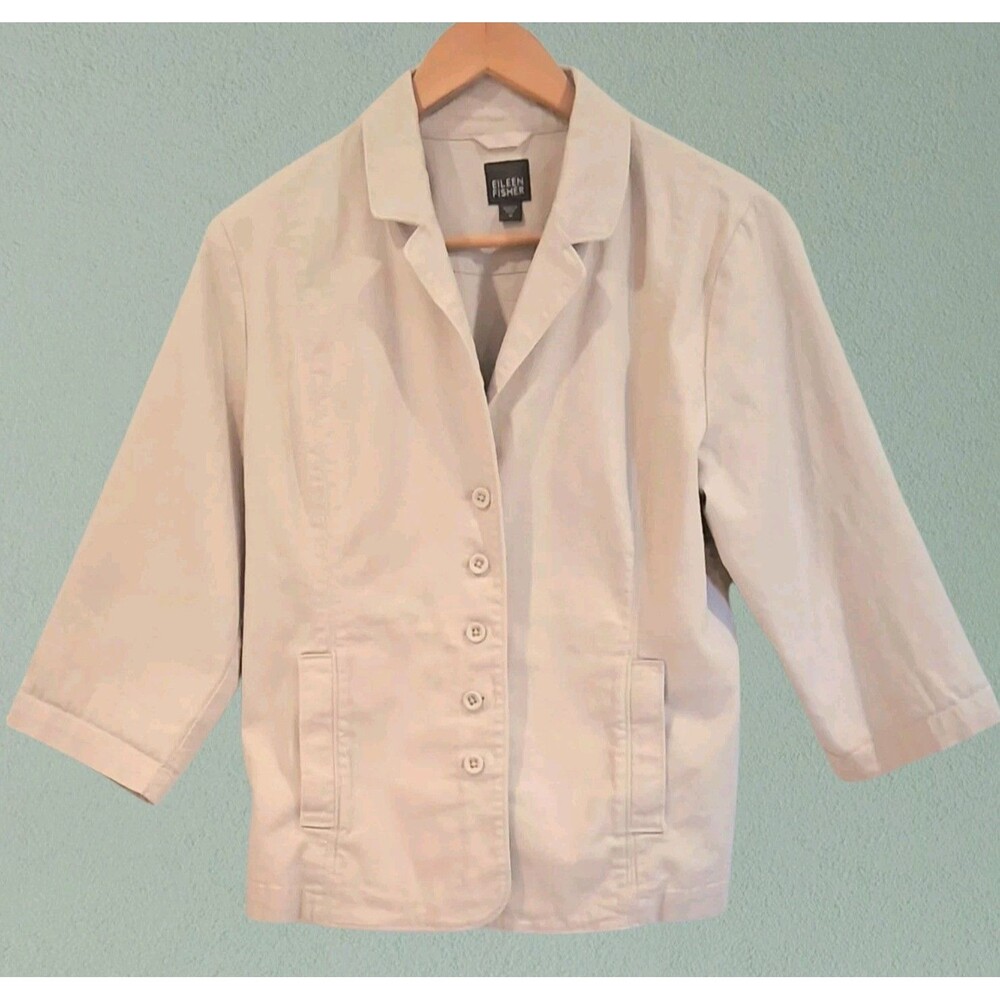 Eileen Fisher Organic Cotton Jacket Womens M Beige Stretch Boxy Minimalist Chore